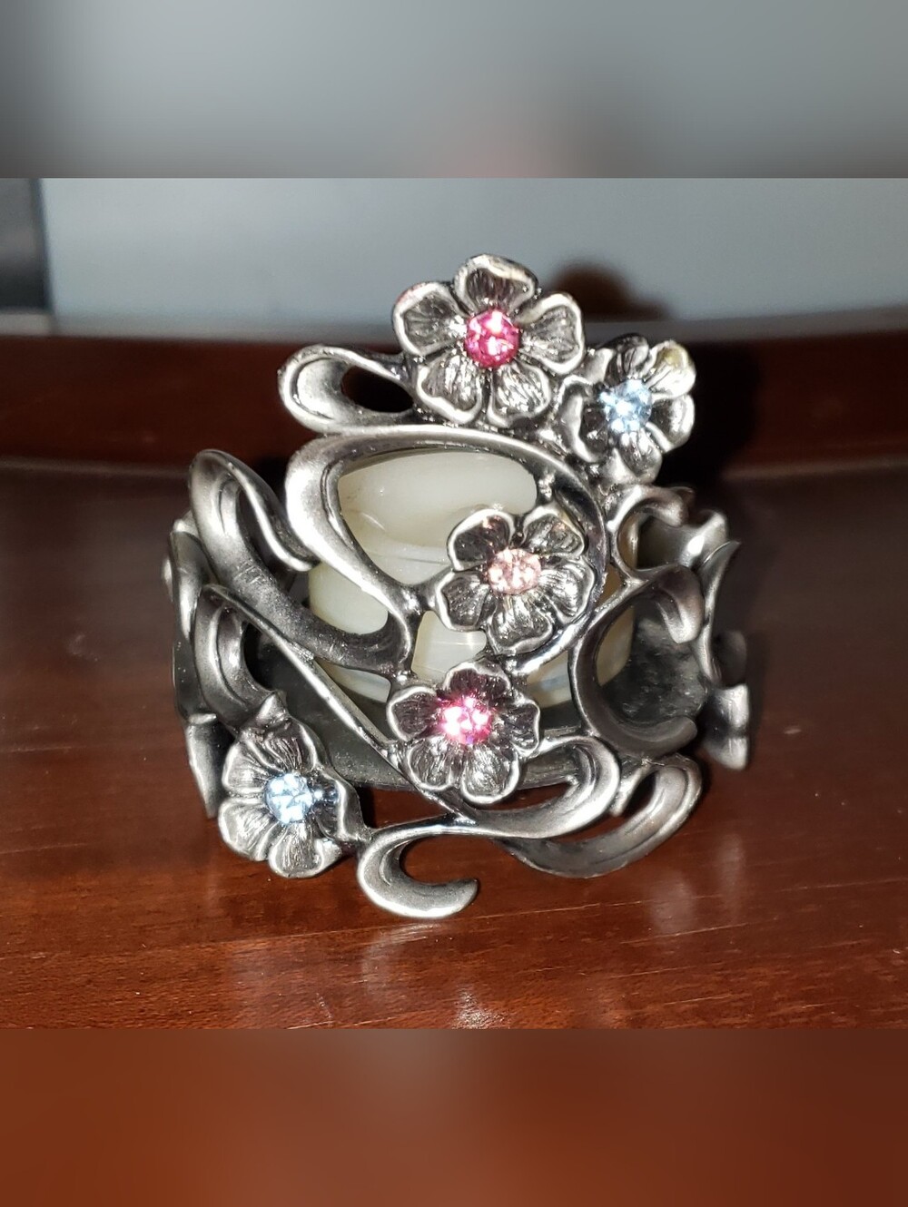 Floral Crystal Accent Silver-Tone Candle Holder  Pink & White
